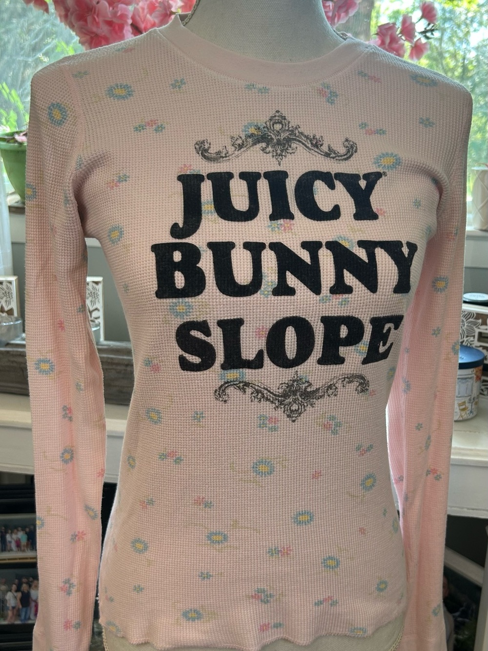 Rare Vintage Juicy Couture Pink Waffle Thermal Knit Top JUICY BUNNY SLOPE Size M